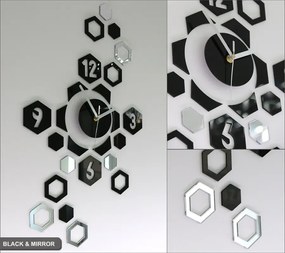 3D nalepovacie hodiny Hexagon čierno-zrkadlové