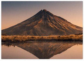 Sklenený obraz odrazu hory Taranaki, Nový Zéland (70x50 cm)