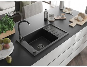 Mexen Elias, 1-komorový granitový drez s odkvapkávačom 795x480x200 mm a čierna kuchynská batéria Telma, čierna, 6511-77-670200-70-B