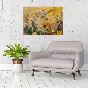 Sklenený obraz - Jednorožec s kvetinami (70x50 cm)