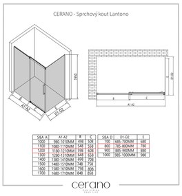 Cerano Lantono, sprchovací kút s posuvnými dverami 120(dvere) x 80(stena) x 195 cm, 8mm číre sklo, čierny profil, CER-CER-433112