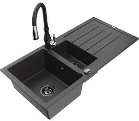 Mexen Andres, 1,5-komorový granitový drez 1000x500x200 mm a drezová batéria Savita, čierna škvrtnitá, 6515-76-672601-70-B