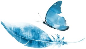 Samolepiaca tapeta pierko s motýľom v modrom prevedení - 300x200