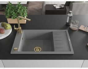 Mexen Elias, granitový drez granitový 795x480x200 mm, 1-komorový, šedá so zlatým sifónom a zlatá drezová batéria Rita, 6511-71-670300-50