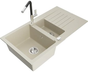Mexen Matias, 1,5-komorový granitový drez 900x505x200 mm a drezová batéria Flora, béžová, 6502-69-670401-07