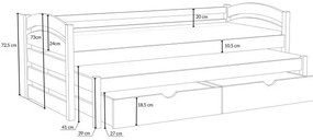 Detská posteľ z masívu borovice MONI s prístelkou a šuplíky - 200x90 cm - BIELA
