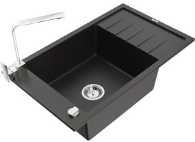 Mexen Elias, granitový drez granitový 795x480x200 mm, 1-komorový, čierna-zlatá metalíza s chrómovým sifónom a chrómová drezová batéria Rita, 6511-75-670300-00