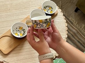 Sada porcelánových tapas misiek na drevenom podnose
