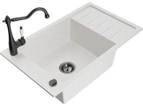 Mexen Elias, granitový drez 795x480x200 mm, 1-komorový a drezová batéria Carla, biela, 6511-20-670700-70