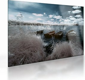 Sklenený obraz - Drevené loďky na jazere (70x50 cm)