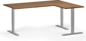 Výškovo nastaviteľný stôl, 180x140 cm, 3 motory, L/P, sivá podnož, orech