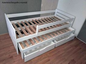 Detská posteľ z masívu borovice TOMÁŠ II s prístelkou a šuplíkmi - 200x90 cm - biela