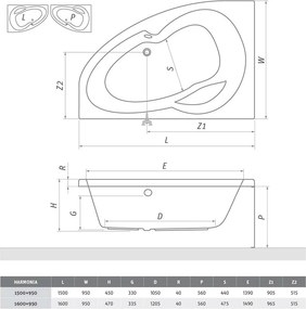 Roth Asymetrická akrylátová vaňa HARMONIA ROTH-Variant: rozmery: 150x95 cm, orientácia: Pravá - (HARMONIA 150 P - 9810000)