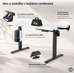 Elektrický stôl s nastavením výšky ergonomický antracitovo-bieli, 1400x700 mm: ARIA