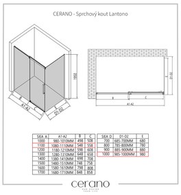 CERANO - Sprchovací kút Lantono L/P - 8 mm - čierna matná, grafitové sklo - 110x100 cm - posuvný, CER-CER-8050BD7514