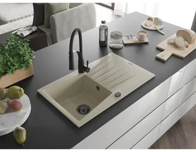 Mexen Cesar, 1-komorový granitový drez 775x470x190 mm a drezová batéria Aster, béžová, 6514-69-73450-70-B