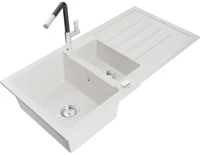 Mexen Andres, 1,5-komorový granitový drez 1000x500x200 mm a drezová batéria Flora, biela, 6515-20-670401-07