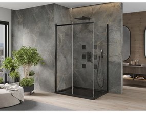 Mexen Omega, sprchovací kút s posuvnými dverami 100 (dvere) x 90 (stena) cm, 8mm číre sklo, čierny profil + slim sprchová vanička čierna s čiernym sifónom, 825-100-090-70-00-4070B
