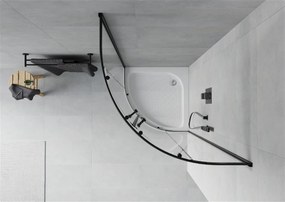 Mexen Rio, štvrťkruhový sprchovací kút s posuvnými dverami 80 x 80 cm, 5mm číre sklo, čierny profil + biela vysoká sprchová vanička Rio, 863-080-080-70-00-4710