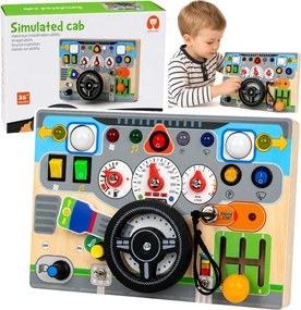 LEAN Toys Drevená vzdelávacia manipulačná tabuľa – volant, svetlá, zvuky