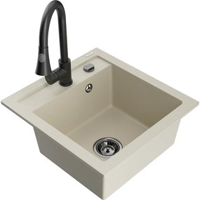 Mexen Vito, 1-komorový granitový drez 490x520x210 mm a drezová batéria Elia, béžová, 6503-69-670101-70