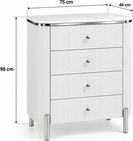 KOMODA GASTON 4S STRIEBORNÉ NOHY + BIELA + MRAMOR 75 cm