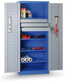 Dielenská kovová skriňa na náradie GD, 4 police, 3 zásuvky, zváraná, nosnosť 60 kg, 780 x 580 x 1920 mm