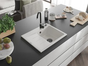 Mexen Ben, 1-komorový granitový drez 600x500x190 mm, pravý + čierny sifón, biela, 6523605000-20-B