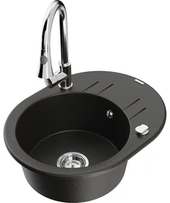 Mexen Kevin, 1-komorový granitový drez 586x458x190 mm a drezová batéria Elia, čierna-zlatá metalíza, 6517-75-670101-00