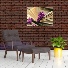 Sklenený obraz knihy a fialovej kvetiny (70x50 cm)