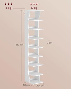 Úzky botník, 9 úrovní, 30 x 26,4 x 147 cm, matná biela