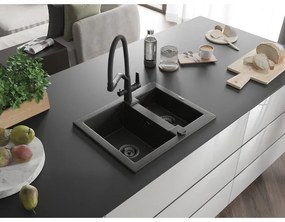 Mexen Carlos, 1,5-komorový granitový drez 582x475x177 mm a drezová batéria Duo, čierna-zlatá metalíza, 6518-75-671701-70-B