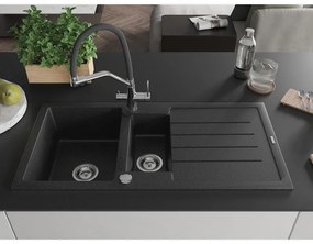 Mexen Andres, granitový drez 1000x500x200 mm, 1,5-komorový a drezová batéria Duo, čierna-strieborná metalíza, 6515-73-671701-07