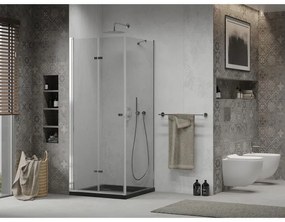 Mexen Lima, sprchový kút so skladacími dverami 80 (dvere) x 80 (stena) cm, 6mm číre sklo, chrómový profil + slim sprchová vanička čierna + chrómový sifón, 856-080-080-01-00-4070