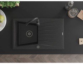 Mexen Cesar, granitový drez 775x470x190 mm, 1-komorový, čierna-strieborná metalíza s čiernym sifónom, 6514771010-73-B