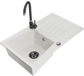 Mexen Cesar, granitový drez 775x470x190 mm, 1-komorový, biela s čiernym sifónom a čierna drezová batéria Telma, 6514-20-670200-70