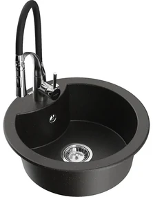 Mexen Diego, 1-komorový granitový drez 488x488x167 mm a drezová batéria Aster, čierna-zlatá metalíza, 6512-75-73450-70