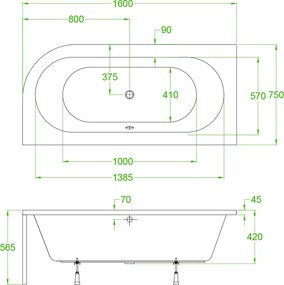 BPS-koupelny Akrylátová asymetrická vaňa na vstavanie HYD-EBI160L-VEST 160x75 cm ĽAVÁ, biela