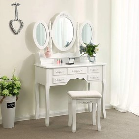 SONGMICS Toaletný stolík 3 oválne zrkadlá biele 90 x 146 x 40 cm
