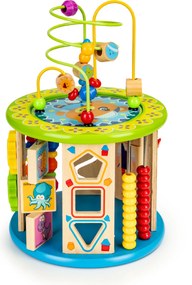 Drevená edukačná kocka ECOTOYS – motorická hračka s labyrintom, lovenie rýb a kockami