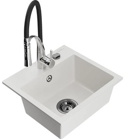 Mexen Milo, 1-komorový granitový drez 435x410x171 mm a drezová batéria Aster, biela, 6505-20-73450-07-B