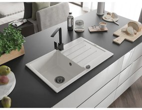 Mexen Bruno, drez granitový 795x495x200 mm, 1-komorový, biela s čiernym sifónom a čierna drezová batéria Rita, 6513-20-670300-70