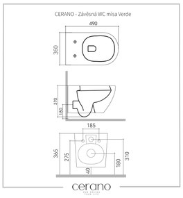 Cerano Verde, závesná WC misa Rimless 490x360x370 mm + UF toaletné sedátko, čierna lesklá, CER-CER-417347