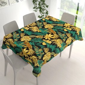 Biante Bavlnený obdĺžnikový obrus Sandra SA-603 Zeleno-zlaté tropické listy na čiernom 50x100 cm