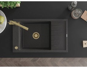 Mexen Elias, 1-komorový granitový drez s odkvapkávačom 795x480x200 mm a zlatá batéria Duero, čierna - škvrnitá, 6511-76-671600-50