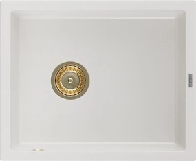 Mexen Pedro granitový kuchynský drez 1-komorový 560 x 460 mm, biely, zlatý sifón - 6508561000-20-G