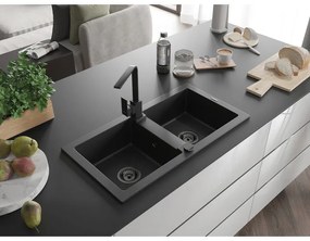 Mexen Mario, granitový drez 820x436x161 mm, 2-komorový, čierna s čiernym sifónom a čierna drezová batéria Rita, 6504-77-670300-70-B