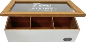 Koop Dóza na čaj so šiestimi priehradkami, biela s dreveným vekom