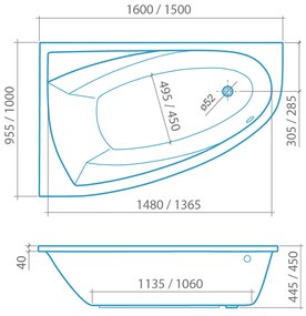 Asymetrická akrylátová vaňa iBATH ASYMMETRIC NEO Pravá 150 cm 95 cm