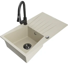 Mexen Cesar, 1-komorový granitový drez 775x470x190 mm a drezová batéria Elia, béžová, 6514-69-670101-70